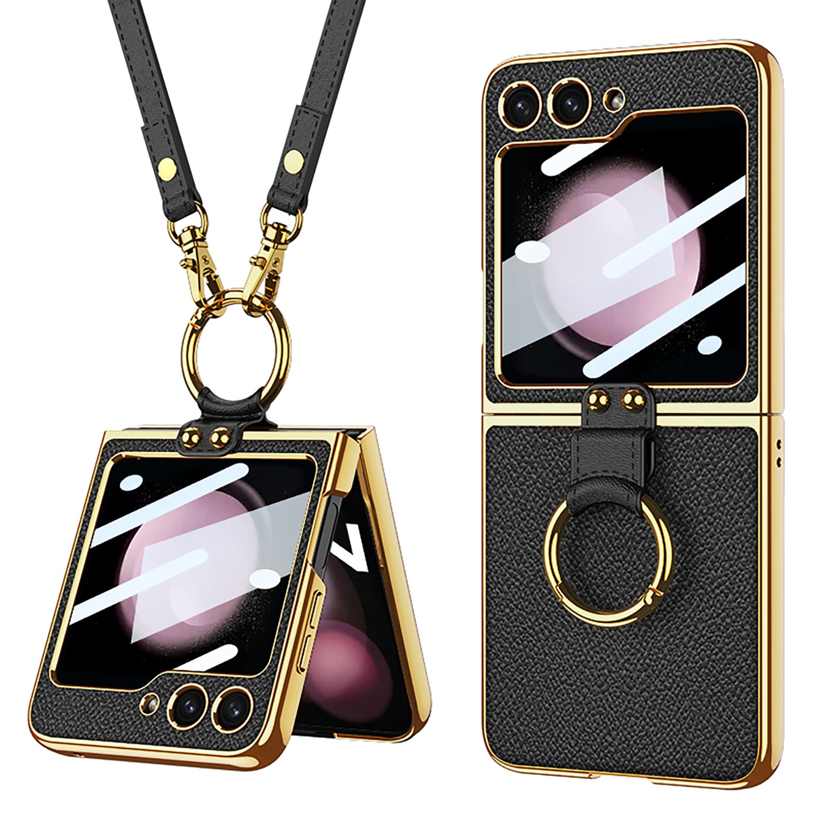 GKK For Samsung Galaxy Z Flip5 5G PU Leather PC Phone Case Ring Kickstand Electroplating Cover with Small Screen Film and Shoulder Strap GKK For Samsung Galaxy Z Flip5 5G PU Leather PC Phone Case Ring Kickstand Electroplating Cover with Small Screen Film and Shoulder Strap